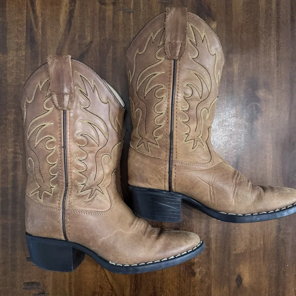 Old West Kids Unisex Cowboy Boots Brown Western Pointed Toe 8129 Size 13.5
